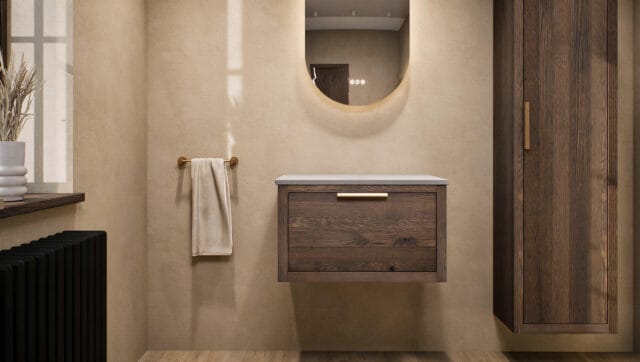 Wandhängendes Badezimmermöbel 70 cm aus Natureiche mit eine Schublade und graue Kalksteinplatte (trendy)