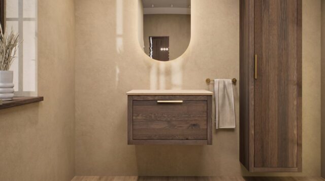 Wandhängendes Badezimmermöbel 70 cm aus Natureiche mit eine Schublade und beige Kalksteinwaschtisch (Premium)