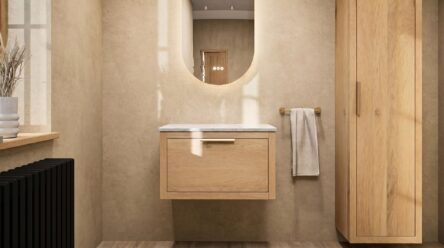 Wandhängendes Badezimmermöbel 70 cm aus dunkler Eiche mit eine Schublade und beige Kalksteinwaschtisch (stilvoll)