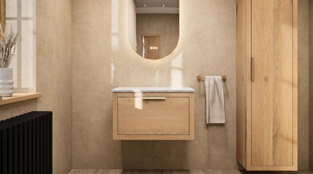Wandhängendes Badezimmermöbel 70 cm aus dunkler Eiche mit eine Schublade und beige Kalksteinwaschtisch (stilvoll)