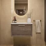 Wandhängendes Badezimmermöbel 70 cm aus Natureiche mit eine Schublade und weißes Solid-Surface-Aufsatzbecken (elegant)