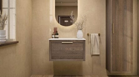 Wandhängendes Badezimmermöbel 70 cm aus Natureiche mit eine Schublade und weißes Solid-Surface-Aufsatzbecken (elegant)
