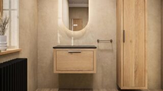 Wandhängendes Badezimmermöbel 70 cm aus dunkler Eiche mit eine Schublade und weißes Solid-Surface-Aufsatzbecken (wandhängend)