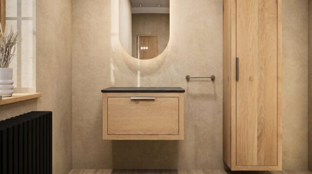 Wandhängendes Badezimmermöbel 70 cm aus dunkler Eiche mit eine Schublade und weißes Solid-Surface-Aufsatzbecken (wandhängend)