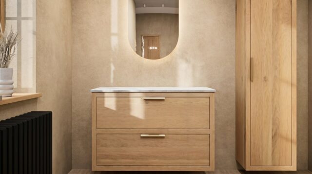 Wandhängendes Badezimmermöbel 70 cm aus dunkler Eiche mit zwei Schubladen und beige Kalksteinwaschtisch (Top-Qualität)
