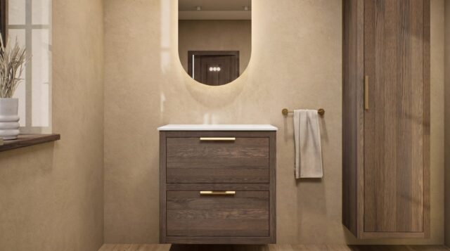 Wandhängendes Badezimmermöbel 70 cm aus Natureiche mit zwei Schubladen und weißes Solid-Surface-Aufsatzbecken
