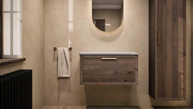 Wandhängendes Badezimmermöbel 80 cm aus Natureiche mit eine Schublade und graue Kalksteinplatte (elegant)