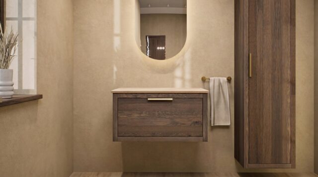 Wandhängendes Badezimmermöbel 80 cm aus Natureiche mit eine Schublade und beige Kalksteinwaschtisch (luxuriös)