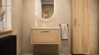 Wandhängendes Badezimmermöbel 80 cm aus dunkler Eiche mit eine Schublade und weiße Marmorplatte (hochwertig)