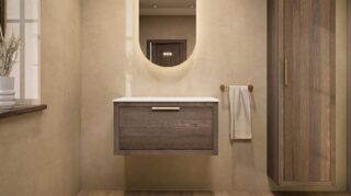 Wandhängendes Badezimmermöbel 80 cm aus Natureiche mit eine Schublade und weißes Solid-Surface-Aufsatzbecken