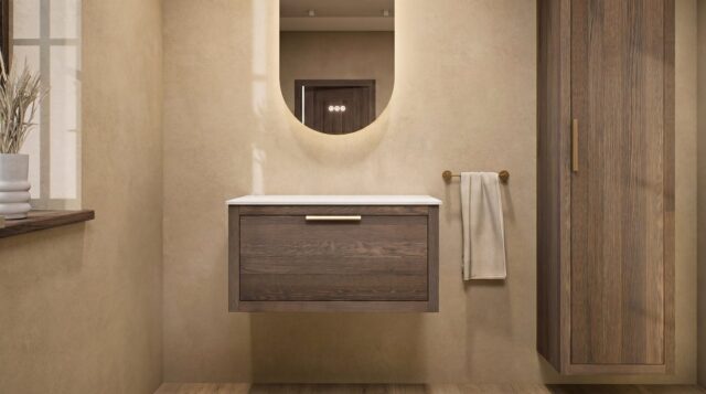 Wandhängendes Badezimmermöbel 80 cm aus Natureiche mit eine Schublade und weißes Solid-Surface-Aufsatzbecken