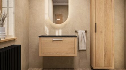 Wandhängendes Badezimmermöbel 80 cm aus dunkler Eiche mit eine Schublade und weißes Solid-Surface-Aufsatzbecken (modern)
