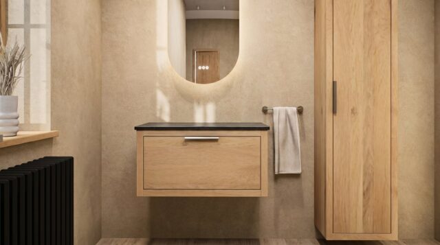 Wandhängendes Badezimmermöbel 80 cm aus dunkler Eiche mit eine Schublade und weißes Solid-Surface-Aufsatzbecken (modern)