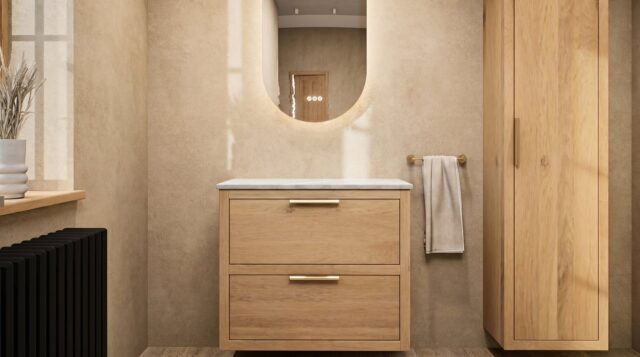 Wandhängendes Badezimmermöbel 80 cm aus dunkler Eiche mit zwei Schubladen und beige Kalksteinwaschtisch (Naturholz)