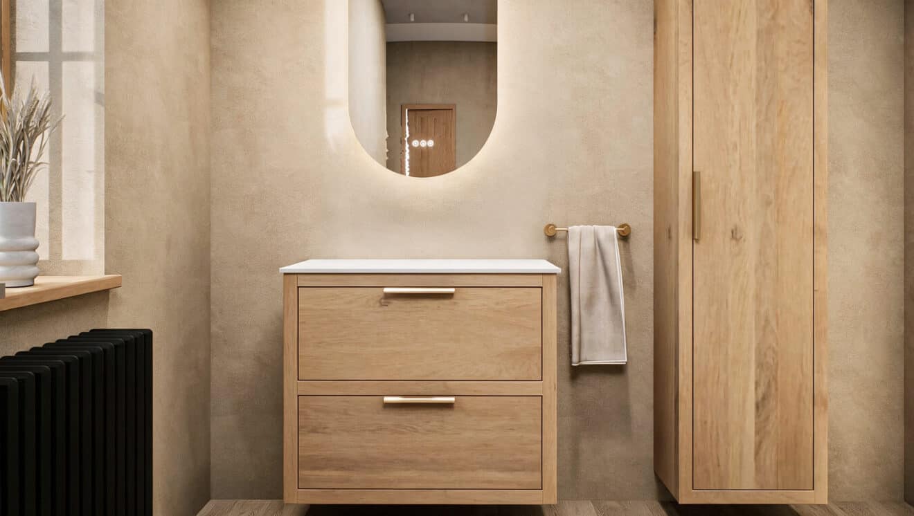 Amalfi Unterschrank aus Massiveiche mit doppelter Schublade 80 cm mit Solid Surface Platte – ohne Aufsatzbecken