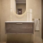 Wandhängendes Badezimmermöbel 100 cm aus Natureiche mit eine Schublade und weißes Solid-Surface-Aufsatzbecken