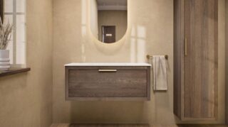 Wandhängendes Badezimmermöbel 100 cm aus Natureiche mit eine Schublade und weißes Solid-Surface-Aufsatzbecken