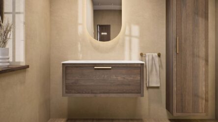 Wandhängendes Badezimmermöbel 100 cm aus Natureiche mit eine Schublade und weißes Solid-Surface-Aufsatzbecken