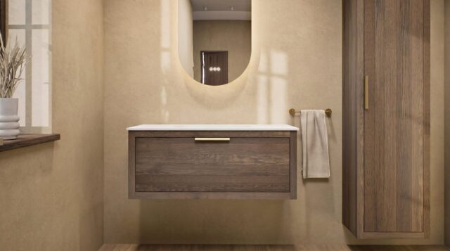 Wandhängendes Badezimmermöbel 100 cm aus Natureiche mit eine Schublade und weißes Solid-Surface-Aufsatzbecken