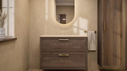 Wandhängendes Badezimmermöbel 100 cm aus Natureiche mit zwei Schubladen und beige Kalksteinwaschtisch