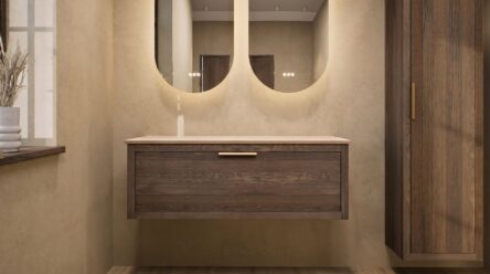 Wandhängendes Badezimmermöbel 120 cm aus Natureiche mit eine Schublade und beige Kalksteinwaschtisch (trendy)