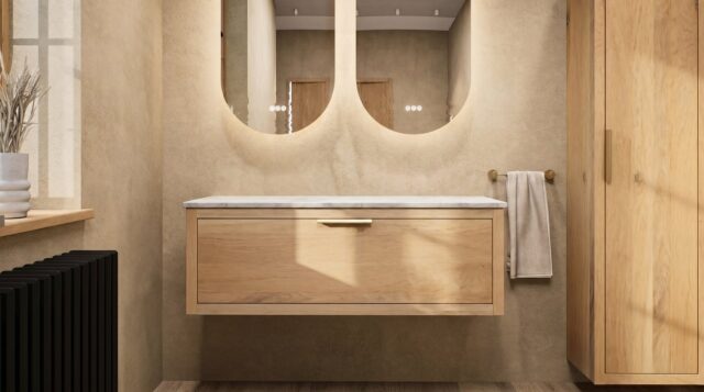 Wandhängendes Badezimmermöbel 120 cm aus dunkler Eiche mit eine Schublade und beige Kalksteinwaschtisch (schick)