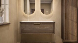 Wandhängendes Badezimmermöbel 120 cm aus Natureiche mit eine Schublade und weißes Solid-Surface-Aufsatzbecken