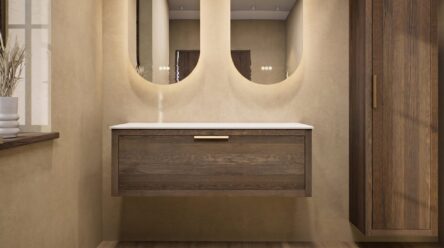 Wandhängendes Badezimmermöbel 120 cm aus Natureiche mit eine Schublade und weißes Solid-Surface-Aufsatzbecken