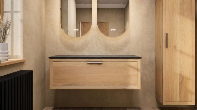 Wandhängendes Badezimmermöbel 120 cm aus dunkler Eiche mit eine Schublade und weißes Solid-Surface-Aufsatzbecken (hochwertig)