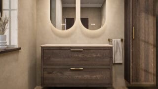 Wandhängendes Badezimmermöbel 120 cm aus Natureiche mit zwei Schubladen und beige Kalksteinwaschtisch
