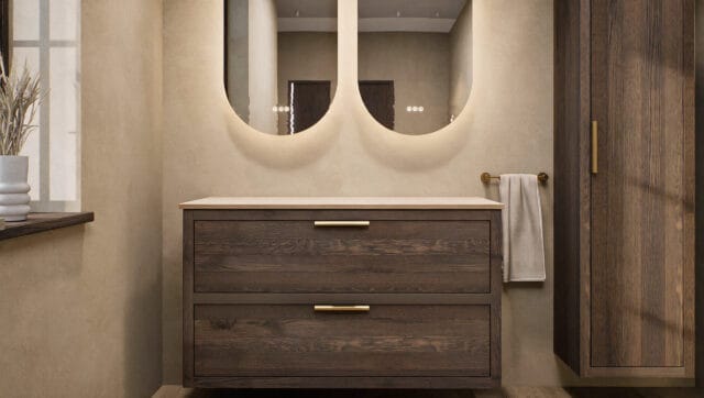 Wandhängendes Badezimmermöbel 120 cm aus Natureiche mit zwei Schubladen und beige Kalksteinwaschtisch