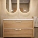 Wandhängendes Badezimmermöbel 120 cm aus dunkler Eiche mit zwei Schubladen und beige Kalksteinwaschtisch (trendy)