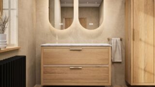 Wandhängendes Badezimmermöbel 120 cm aus dunkler Eiche mit zwei Schubladen und beige Kalksteinwaschtisch (trendy)