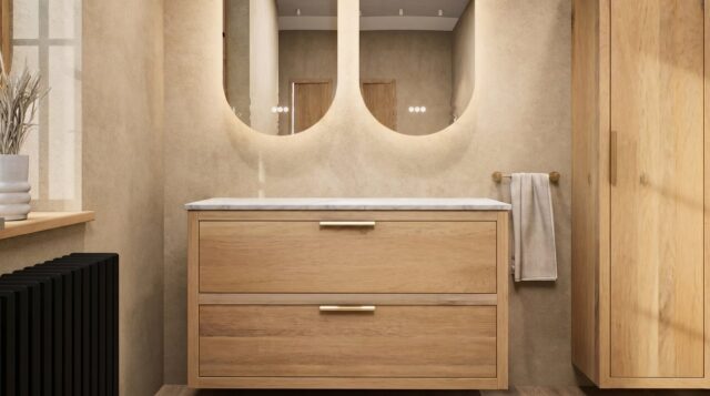 Wandhängendes Badezimmermöbel 120 cm aus dunkler Eiche mit zwei Schubladen und beige Kalksteinwaschtisch (trendy)