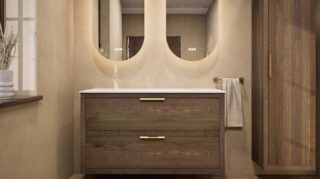 Wandhängendes Badezimmermöbel 120 cm aus Natureiche mit zwei Schubladen und weißes Solid-Surface-Aufsatzbecken