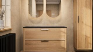 Wandhängendes Badezimmermöbel 120 cm aus dunkler Eiche mit zwei Schubladen und weißes Solid-Surface-Aufsatzbecken