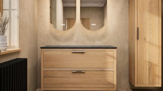 Wandhängendes Badezimmermöbel 120 cm aus dunkler Eiche mit zwei Schubladen und weißes Solid-Surface-Aufsatzbecken