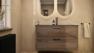 Wandhängendes Badezimmermöbel 120 cm aus Natureiche mit zwei Schubladen und Granitplatte (trendy)