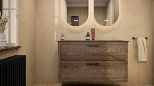 Wandhängendes Badezimmermöbel 120 cm aus Natureiche mit zwei Schubladen und Granitplatte (trendy)