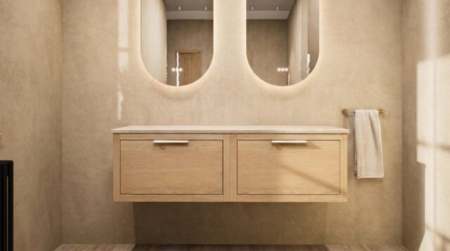 Wandhängendes Badezimmermöbel 140 cm aus dunkler Eiche mit eine Schublade und graue Kalksteinplatte (design)