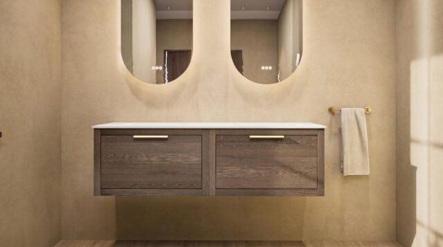 Wandhängendes Badezimmermöbel 140 cm aus Natureiche mit eine Schublade und weißes Solid-Surface-Aufsatzbecken