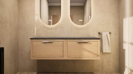 Wandhängendes Badezimmermöbel 140 cm aus dunkler Eiche mit eine Schublade und weißes Solid-Surface-Aufsatzbecken (elegant)