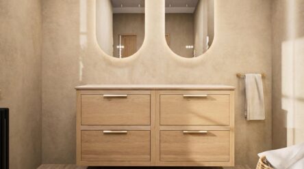Wandhängendes Badezimmermöbel 140 cm aus dunkler Eiche mit zwei Schubladen und graue Kalksteinplatte (elegant)