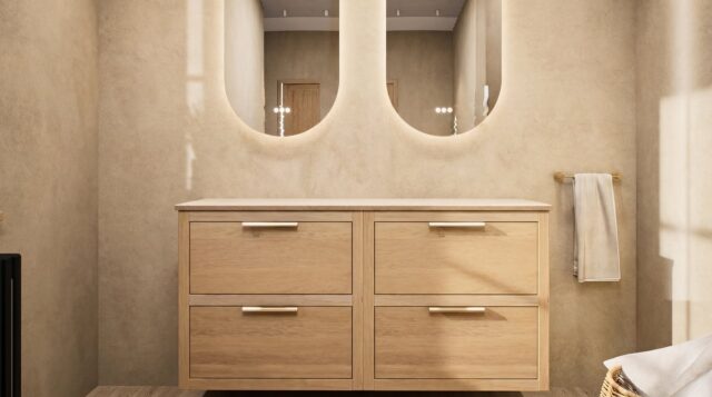 Wandhängendes Badezimmermöbel 140 cm aus dunkler Eiche mit zwei Schubladen und graue Kalksteinplatte (elegant)