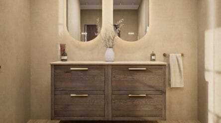Wandhängendes Badezimmermöbel 140 cm aus Natureiche mit zwei Schubladen und beige Kalksteinwaschtisch