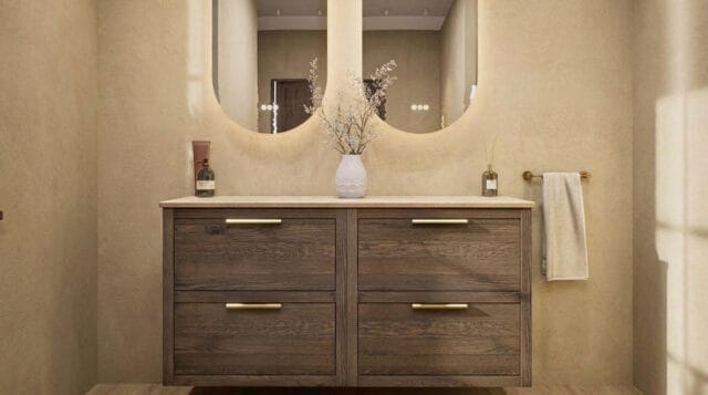 Wandhängendes Badezimmermöbel 140 cm aus Natureiche mit zwei Schubladen und beige Kalksteinwaschtisch