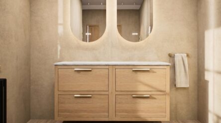 Wandhängendes Badezimmermöbel 140 cm aus dunkler Eiche mit zwei Schubladen und beige Kalksteinwaschtisch (Naturholz)