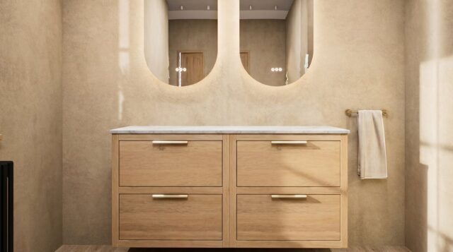 Wandhängendes Badezimmermöbel 140 cm aus dunkler Eiche mit zwei Schubladen und beige Kalksteinwaschtisch (Naturholz)