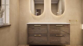 Wandhängendes Badezimmermöbel 140 cm aus Natureiche mit zwei Schubladen und weißes Solid-Surface-Aufsatzbecken (design)