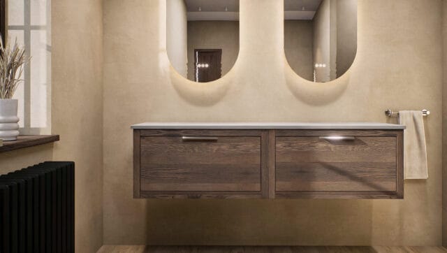 Wandhängendes Badezimmermöbel 160 cm aus Natureiche mit eine Schublade und graue Kalksteinplatte (modern)